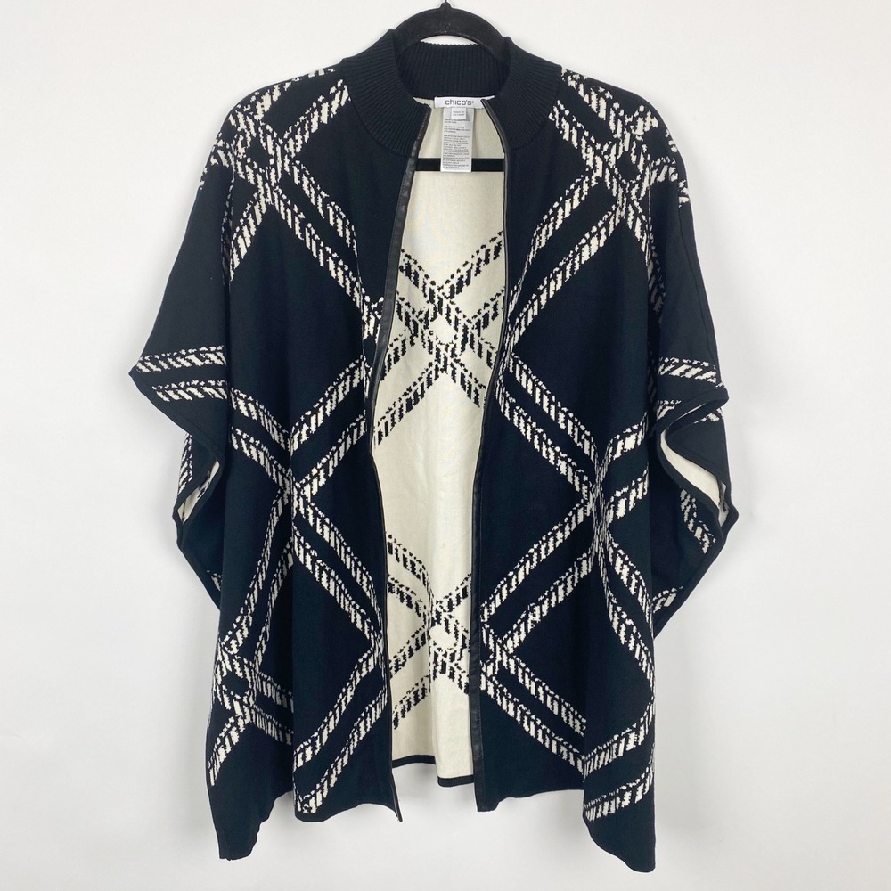 Chicos Reversible Diamond Plaid Faux Leather Trim Poncho Women S/M Black White
